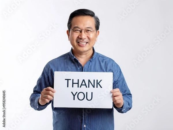 Fototapeta Thank You message :  asian man holding a sign with text. Expression of gratitude, sincerity, acknowledgment, appreciation, success. 
