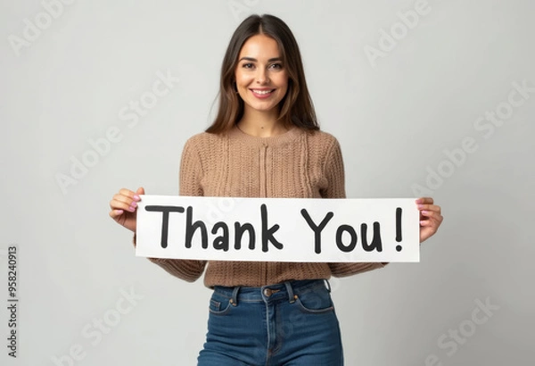 Fototapeta Thank You message :  beautiful woman holding a banner with text. Expression of gratitude, sincerity, acknowledgment, appreciation, affection. 