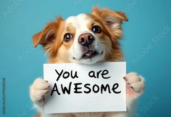 Fototapeta Appreciation message. Cute dog with a sign " you are awesome ". Compliment, gratitude and praise concepts.