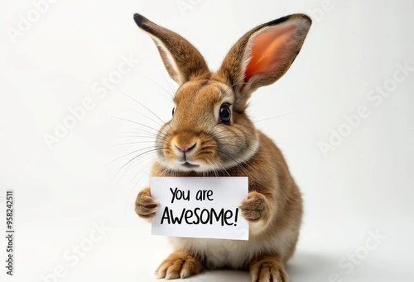 Fototapeta Compliment, congratulations and praise message. Rabbit holding banner with text  " you are awesome ".  Expression of gratefulness, motivation, appreciation.