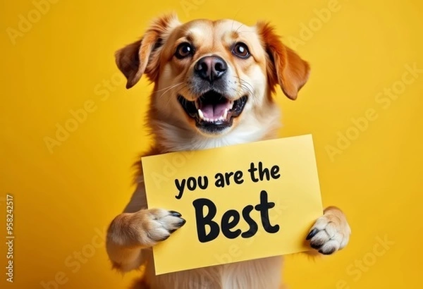 Fototapeta Appreciation message. Cute dog with a sign " you are the best ". Compliment, gratitude and praise concepts.