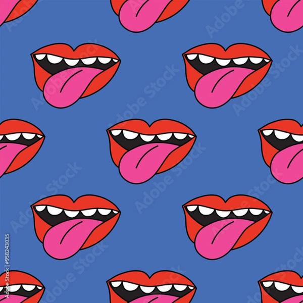 Fototapeta seamless square pattern - open mouth in punk rock style. Rock and roll ornament in funky and groove style of the 1970s. Good vibes only - psychedelic hippie print. Nostalgia for retro and bizarre char
