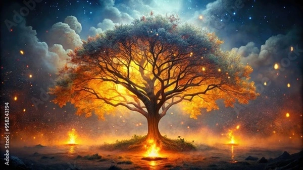 Obraz tree of life ablaze with fierce oranges and yellows amidst misty midnight forest eerily lit by flickering flames casting mystical shadows