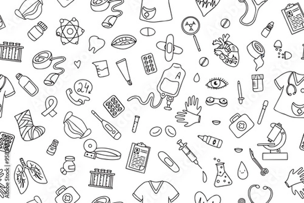 Obraz Seamless pattern of medical products, medicines, clothes, first aid kit in doodle style. Vector illustration