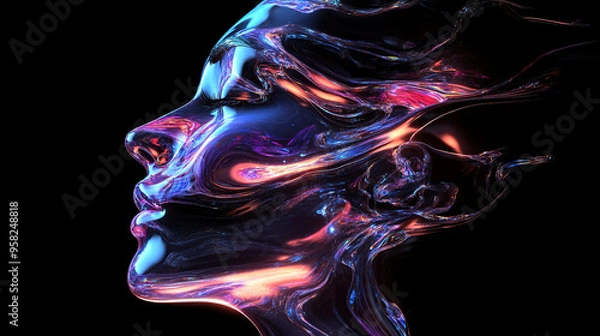 Fototapeta Close-up of rainbow-colored holographic liquid metal human head against black background, showcasing an abstract distorted futuristic fluid organic form.