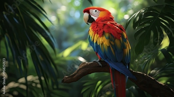 Fototapeta A colorful parrot perched on a branch, its vibrant plumage contrasting with the lush green foliage.