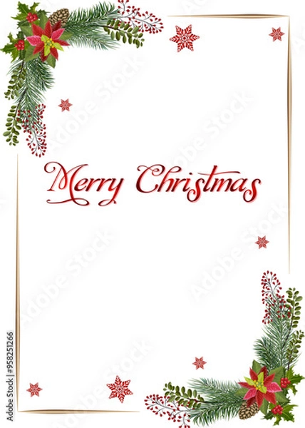 Fototapeta Postcard with Christmas decor.Color vector illustration of a Christmas card with frame and text.