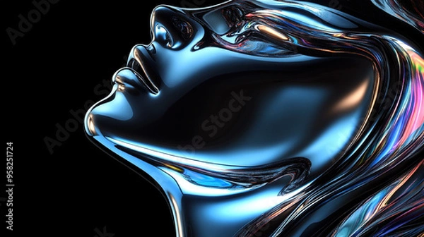 Fototapeta Close-up of rainbow-colored holographic liquid metal human head against black background, showcasing an abstract distorted futuristic fluid organic form.