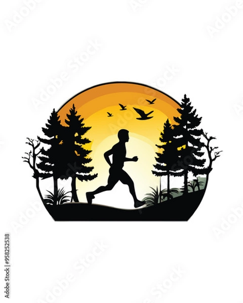 Fototapeta Silhouette of a person jogging through a park during sunrise with birds flying overhead.