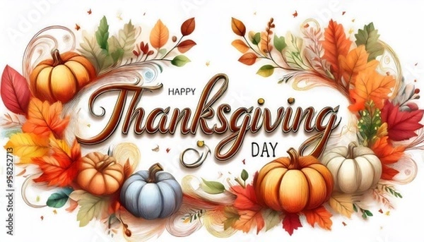 Fototapeta Thanksgiving Day Decorative lettering in elegant, flowing script, surrounded by autumn elements - pumpkin leaves. Graphic flat art illustration. Ai Generated