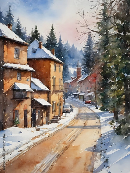 Obraz First snowfall of the season covering a small village, winter weather, fresh and clean