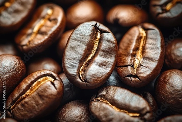 Obraz aromatic coffee landscape extreme closeup of richly textured coffee beans their warm brown hues and intricate surfaces creating a sensory tapestry with negative space for text