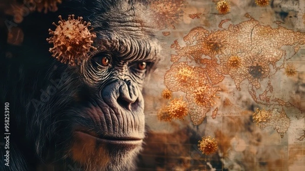 Fototapeta Monkeypox virus MPOX, disease outbreak, world map and monkey face
