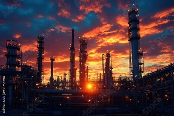 Fototapeta aweinspiring industrial landscape intricate network of pipelines and racks silhouetted against a fiery sunset sky merging industry with natural beauty