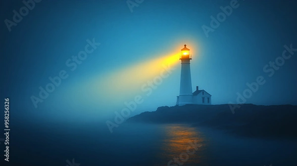 Fototapeta Lighthouse in fog against a stormy sea. The concept of solitude and contemplation.