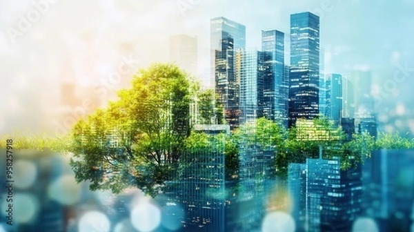 Obraz Interactive sustainability report for business, copy space, corporate green strategies, vibrant, double exposure, eco-friendly city backdrop