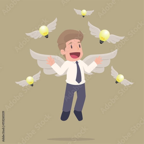 Fototapeta Businessman Fly on a light bulb with wings. The concept of finding an amazing idea, creative inspiration, business insight. vector illustration