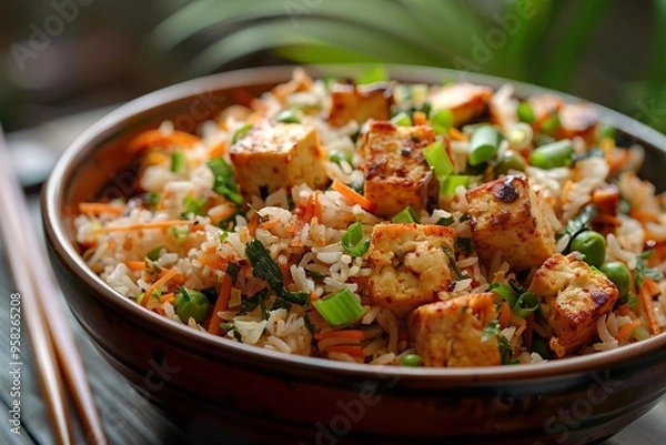 Obraz Flavorful Szechuan paneer fried rice paired with chopsticks