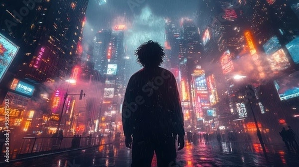 Fototapeta stylized anime character immersed in music walking through a vibrant cityscape filled with neon lights and towering skyscrapers exuding cool urban vibes