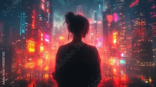 Fototapeta stylized anime character immersed in music walking through a vibrant cityscape filled with neon lights and towering skyscrapers exuding cool urban vibes