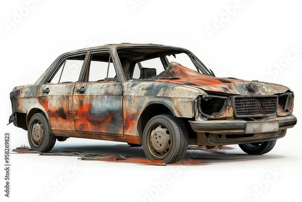 Fototapeta Vintage Car Ravaged by Fire Isolated on White Background.