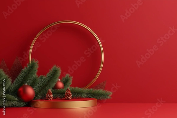 Obraz 3D render mockup podium display for Christmas product design with a red background. Christmas decoration and a green geometric shape circle frame in the middle of the composition
