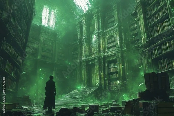 Fototapeta eerie scene of a zombified teacher in a decaying library surrounded by floating books and ghostly apparitions