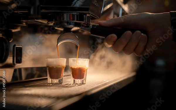 Obraz espresso machine pouring espresso coffee