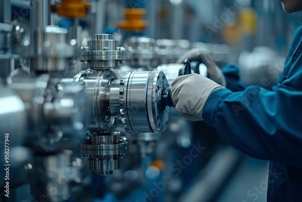 Fototapeta Close-up of a Worker Operating Industrial Machinery with a Valve