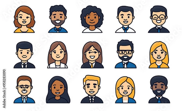 Fototapeta Character Avatar Illustrations Featuring Office Workers, With Various Skin Tones and Hair Colors. Isolated on a Transparent Background. Cutout PNG.
