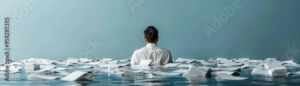Fototapeta Individual drowning in a flood of overdue invoices, depicting financial suffocation