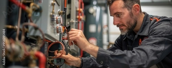 Obraz Professional technician checking a hotel's boiler system, hotel maintenance, precision work