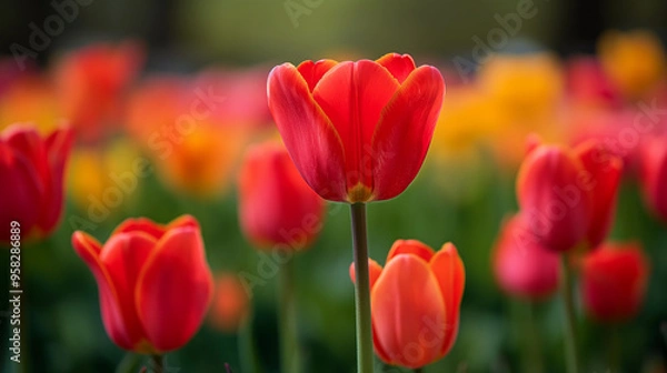 Fototapeta Red tulip in focus with blurred background of vibrant flowers