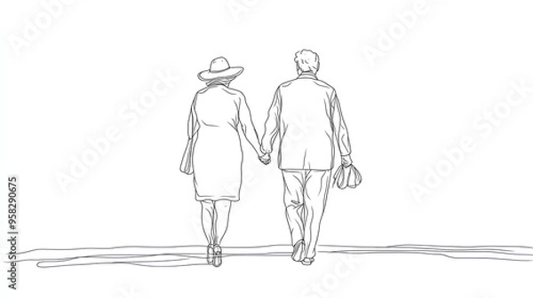 Obraz Elderly couple in continuous line art drawing style. Senior man and woman walking together holding hands. Minimalist black linear sketch isolated on white