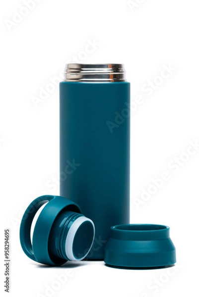 Obraz Close-up of blue reusable steel stainless eco thermo water bottle with opened cap isolated on a white background with clipping path. Zero waste, Plastic disposable bottles. Environment concept.