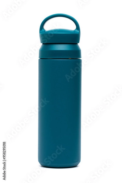 Obraz Close-up of blue reusable steel stainless eco thermo water bottle isolated on a white background with clipping path. Zero waste, Plastic disposable bottles. Environment concept.