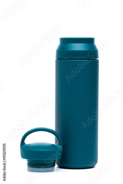 Obraz Close-up of blue reusable steel stainless eco thermo water bottle with opened cap isolated on a white background with clipping path. Zero waste, Plastic disposable bottles. Environment concept.