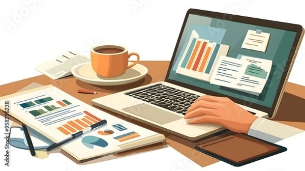 Fototapeta Laptop with Charts and Graphs Illustration