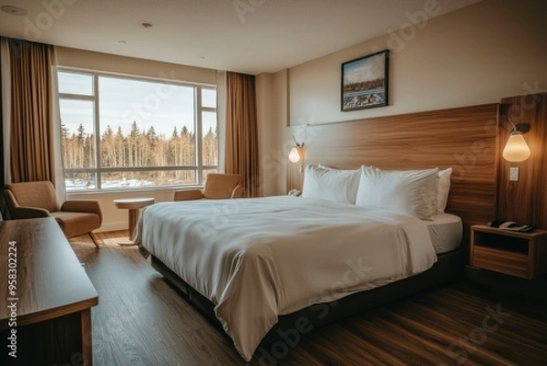 Fototapeta Modern Hotel Room with White Bedding and Forest View