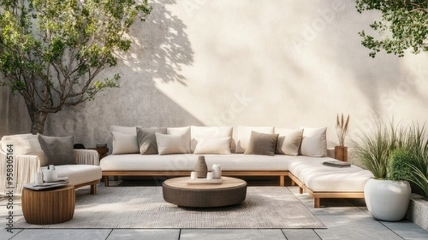 Obraz A serene outdoor patio with plush seating and neutral decor, creating a calm and relaxing atmosphere.