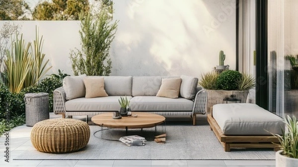 Fototapeta A tranquil outdoor patio with minimalist, neutral-toned furniture surrounded by lush greenery.