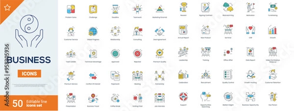 Fototapeta Set of 50 Business icons. Business and Finance web icons in line style. Money, bank, contact, infographic. Icon collection. Vector illustration.