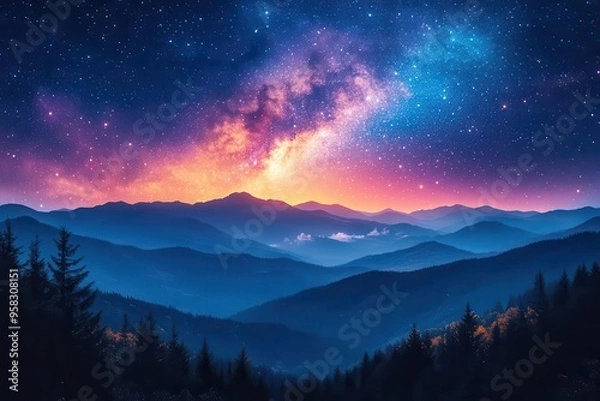 Fototapeta majestic night sky over a silhouetted mountain range showcasing the milky way and a sea of stars above a tranquil forest