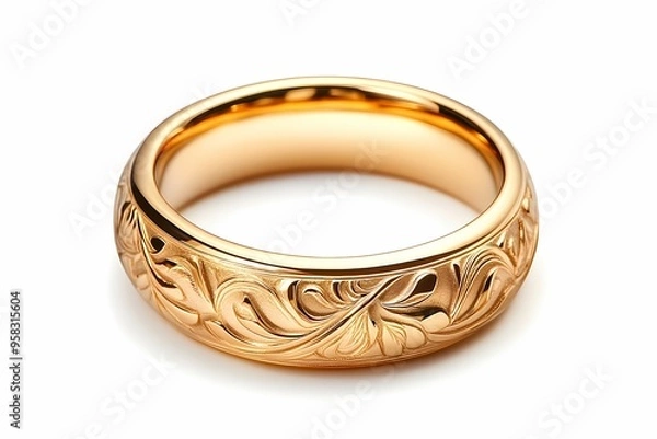 Fototapeta Close-up of a luxurious gold ring featuring detailed floral engravings, showcasing fine craftsmanship and elegance, isolated on a white background.