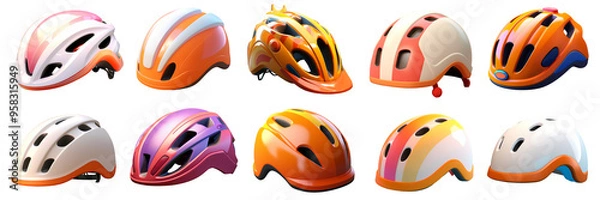 Fototapeta Collection of colorful bicycle helmets with different patterns and designs.