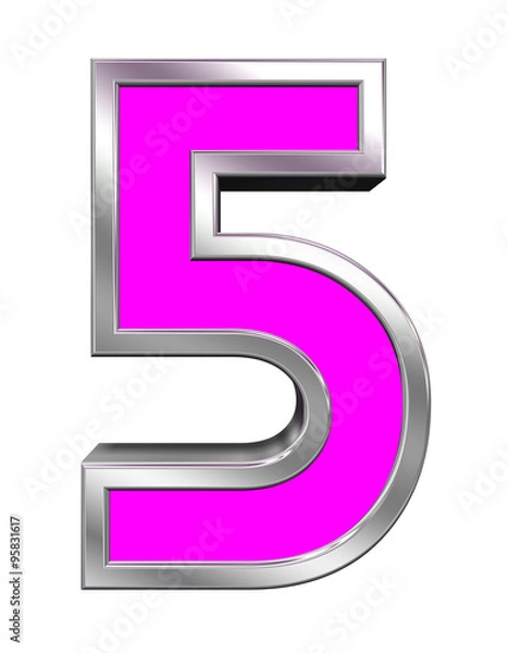 Fototapeta One digit from pink with chrome frame alphabet set, isolated on white. Computer generated 3D photo rendering.