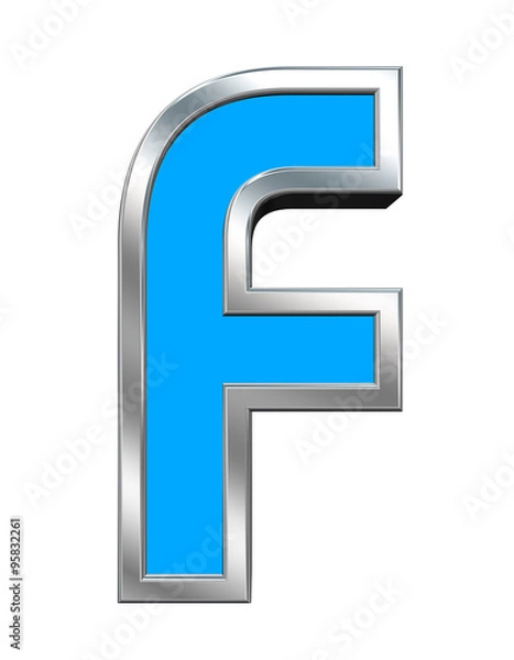 Fototapeta One letter from light blue with chrome frame alphabet set, isolated on white. Computer generated 3D photo rendering.