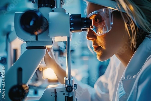 Fototapeta Scientist wearing goggles uses a microscope. Laboratory setting with advanced scientific equipment. Research and innovation in progress.