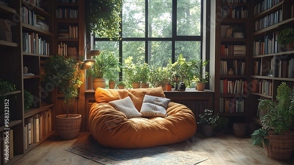 Obraz A cozy nook in a loft living room featuring a plush armchair, warm ambient lighting, and a large wooden bookshelf filled with books,