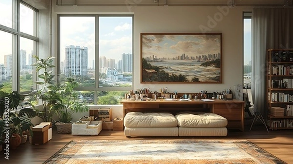 Obraz A loft living room creatively transformed into a workspace, featuring a large desk with art supplies, a comfortable sofa, and large windows providing plenty of natural light,